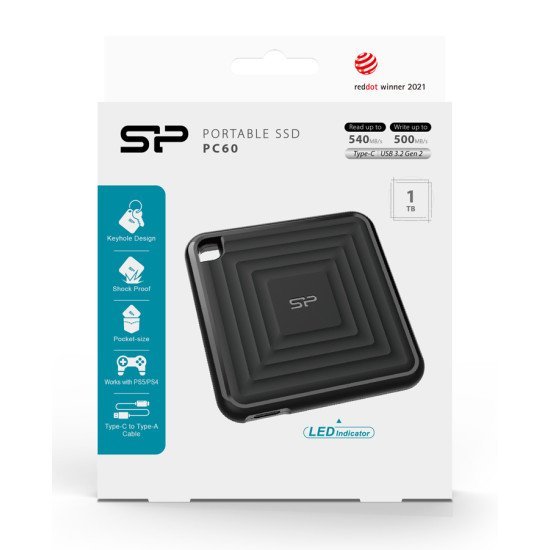 Silicon Power Εξωτερικός Ssd Pc60, 1Tb, Usb 3.2, 540-500Mb/S, Μαύρος