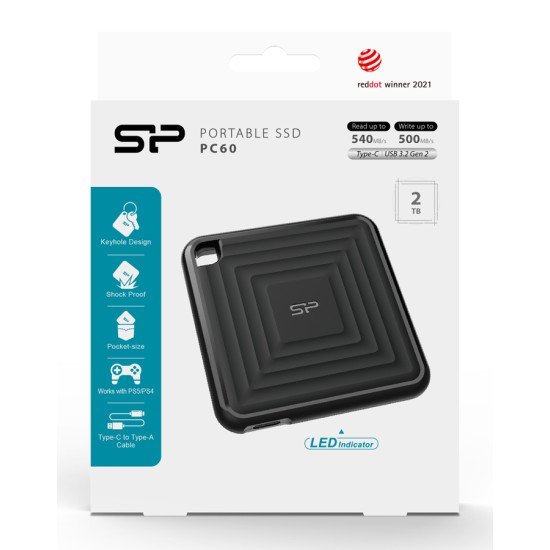 Silicon Power Εξωτερικός Ssd Pc60, 2Tb, Usb 3.2, 540-500Mb/S, Μαύρος Silicon Power Εξωτερικός Ssd Pc60, 2Tb, Usb 3.2, 540-500Mb/S, Μαύρος