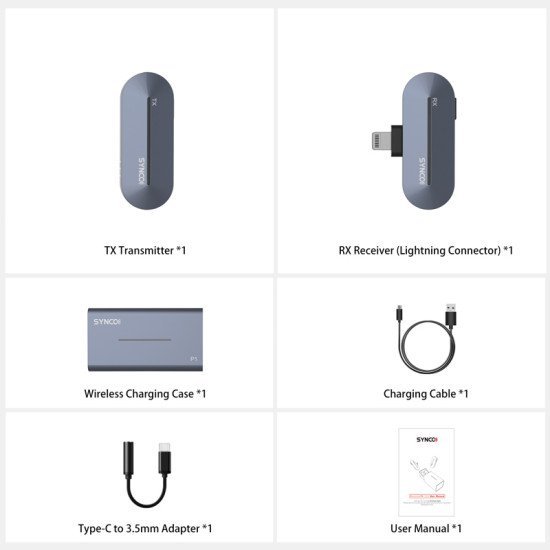 Synco Ασύρματο Μικρόφωνο P1L Με Θήκη Φόρτισης, Lightning, 2.4Ghz, Γκρι