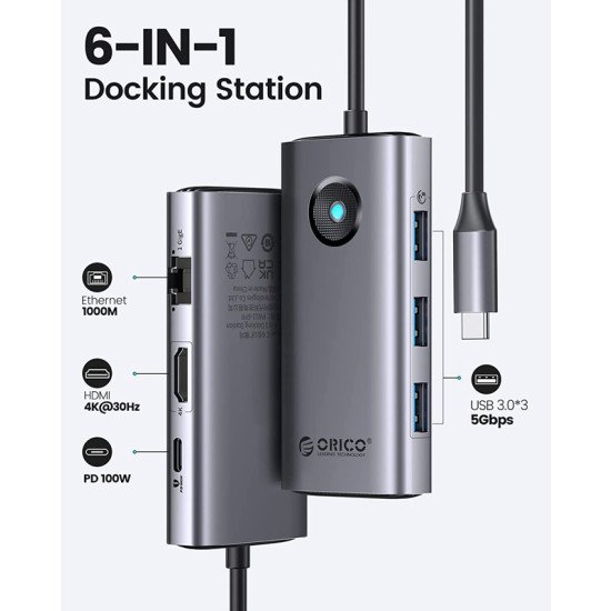 Orico Docking Station Pw11-6Pr, 3X Usb/Usb-C/Hdmi/Rj45, 4K, 100W, Γκρι