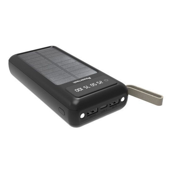 Powertech Power Bank Με Καλώδια & Οθόνη Pt-1084 20000Mah, Ηλιακό, Μαύρο