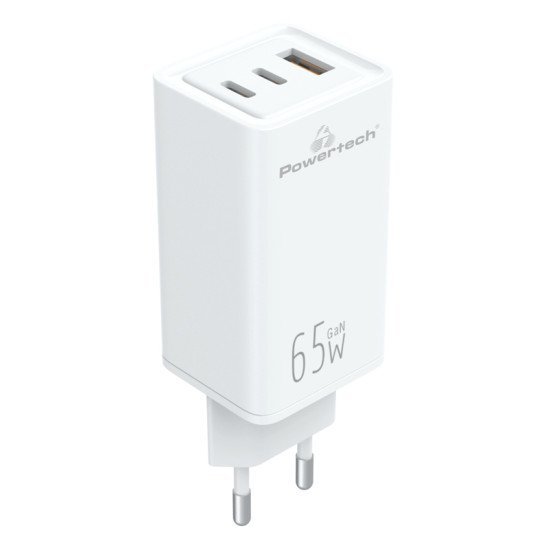 Powertech Φορτιστής Τοίχου Pt-1094, Usb & 2X Usb-C, 65W, Gan, Λευκός