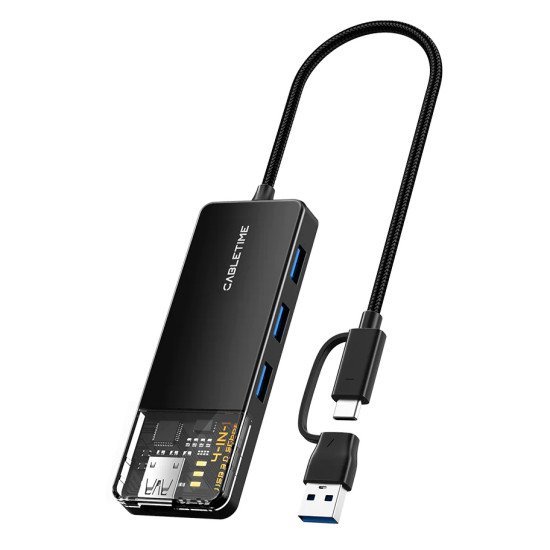 Cabletime Usb Hub Ct-Hubt3-Pb, 4X Θυρών, Usb/Usb-C Σύνδεση, 5Gbps, Μαύρο