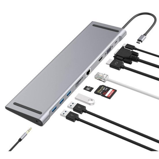 Powertech Docking Station Cab-Uc080, 10 Θυρών, Βάση Laptop, Usb-C, Γκρι