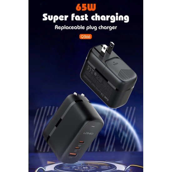 Ldnio Φορτιστής Τοίχου Q366 Με Καλώδιο, Usb/2X Usb-C, 65W, Gan, Μαύρος Ldnio Φορτιστής Τοίχου Q366 Με Καλώδιο, Usb/2X Usb-C, 65W, Gan, Μαύρος