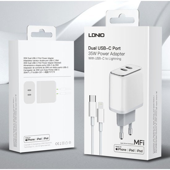 Ldnio Φορτιστής Τοίχου A2528M Με Καλώδιο, 2X Usb-C, 35W, Mfi, Λευκό