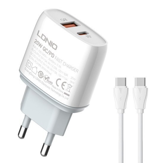 Ldnio Φορτιστής Τοίχου Q229 Με Καλώδιο, Usb & Usb-C, 20W Pd, Λευκός