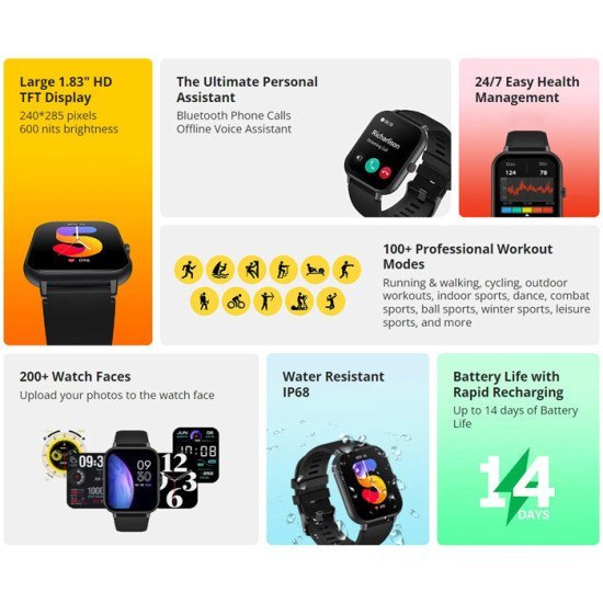 Zeblaze Smartwatch Btalk Lite, Heart Rate, 1.83" Tft, Ip68, Μαύρο