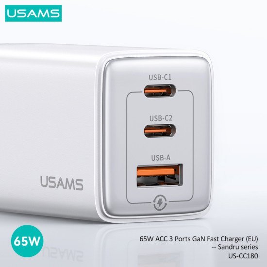 Usams Φορτιστής Τοίχου Us-Cc180, Usb & 2X Usb-C, 65W Pd, Gan, Μωβ