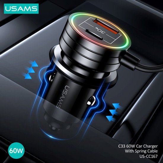 Usams Φορτιστής Αυτοκινήτου Us-Cc167 Με Καλώδιο, Usb/Usb-C, 60W, Μαύρος Usams Φορτιστής Αυτοκινήτου Us-Cc167 Με Καλώδιο, Usb/Usb-C, 60W, Μαύρος