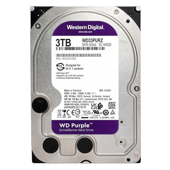 Wd Σκληρός Δίσκος 3.5" Purple Surveillance 3Tb, 256Mb, 5400Rpm, Sata Iii