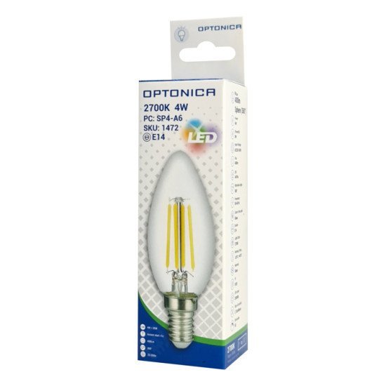 Optonica Led Λάμπα Candle C35 1472, Filament, 4W, 2700K, 400Lm, E14