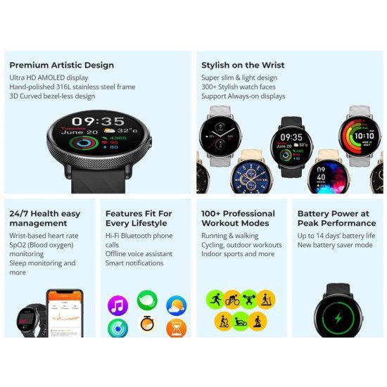 Zeblaze Smartwatch Gtr 3 Pro, Heart Rate, 1.43" Amoled, Ip68, Μαύρο