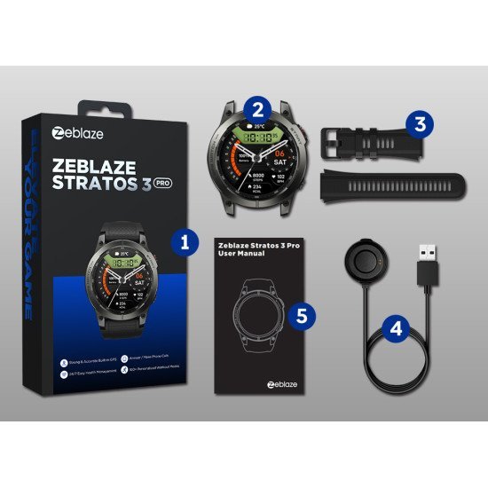 Zeblaze Smartwatch Stratos 3 Pro, Heart Rate, 1.43" Amoled, Gps, Μαύρο