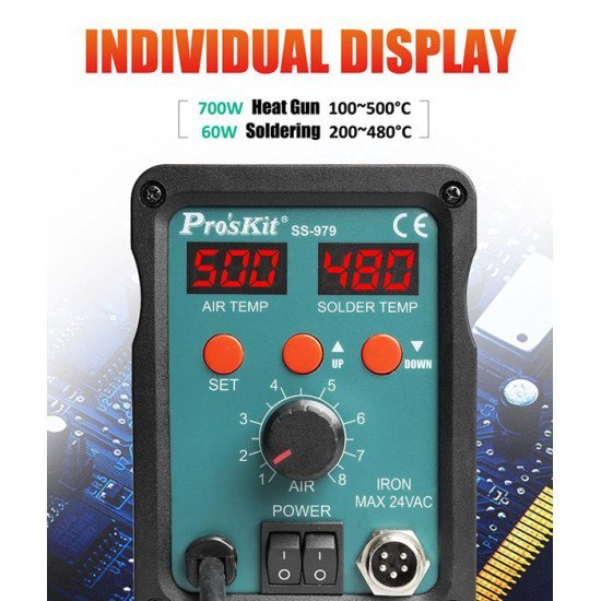 Proskit Σταθμός Συγκόλλησης Ss-979B, Κολλητήρι/Air Gun, 760W, 200-480 °C Proskit Σταθμός Συγκόλλησης Ss-979B, Κολλητήρι/Air Gun, 760W, 200-480 °C