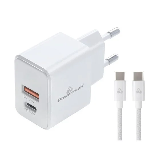 Powertech Φορτιστής Τοίχου Pt-1249, Καλώδιο, Usb/Usb-C, 30W, Gan, Λευκός Powertech Φορτιστής Τοίχου Pt-1249, Καλώδιο, Usb/Usb-C, 30W, Gan, Λευκός