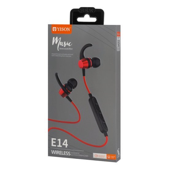 Yison Earphones E14 Με Μαγνήτη, Bluetooth, 10Mm, 65Mah, Κόκκινα