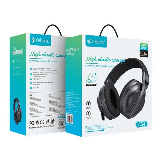 Celebrat Headphones A34, Ασύρματα & Ενσύρματα, 40Mm, 300Mah, Μαύρα Celebrat Headphones A34, Ασύρματα & Ενσύρματα, 40Mm, 300Mah, Μαύρα