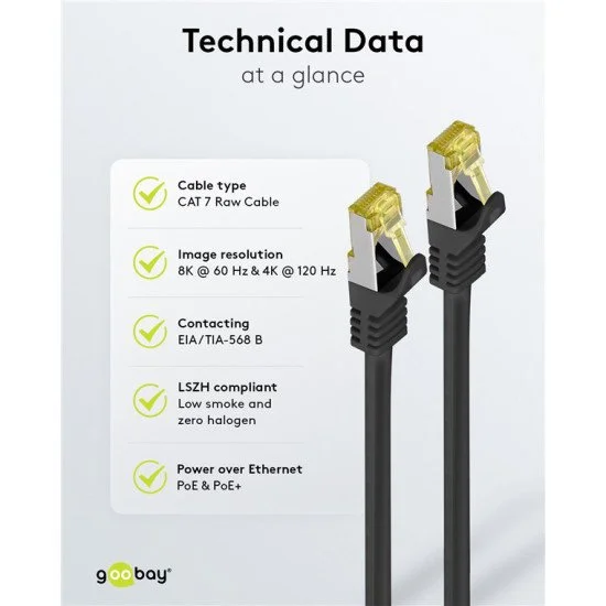 Goobay Καλώδιο Δικτύου 91581, Cat 7 S/Ftp, Copper, 10Gbps, 0.50M, Μαύρο