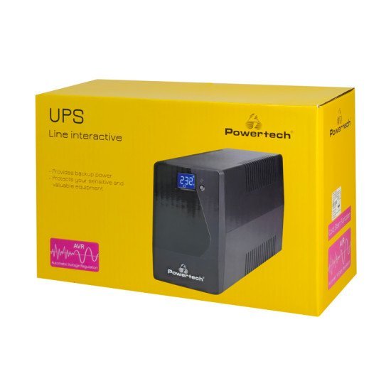 Powertech Ups Line Interactive Pt-1050Lcd Με Οθόνη, 1050Va, 630W, 2X Schuko, 2X Rj45/Rj11