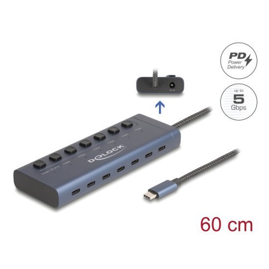 Delock Usb-C Hub 63410 Με Διακόπτες, 7X Θυρών, 5Gbps, 20W, Usb-C Σύνδεση, Μπλε