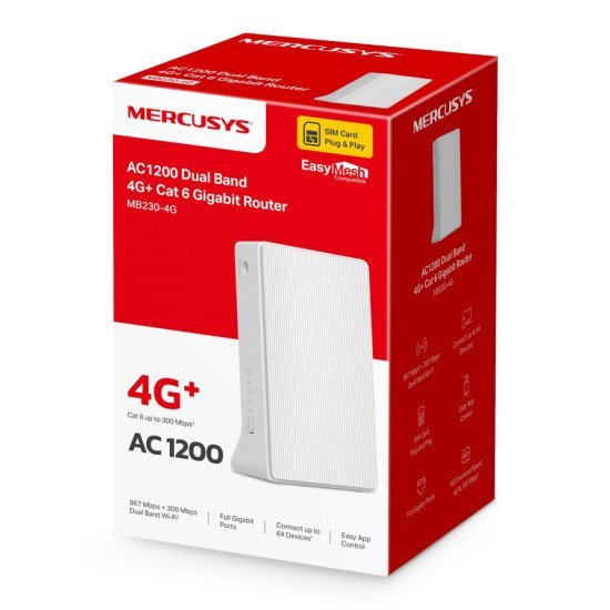 Mercusys Router Mb230-4G, 4G+ Cat6, 1200Mbps Ac1200, Ver 1.0