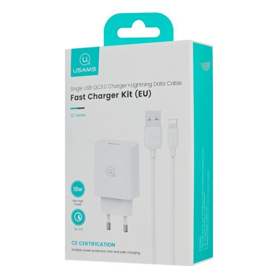 Usams Φορτιστής Τοίχου Scxltz03 Με Καλώδιο Lightning, Usb, 18W, Λευκός Usams Φορτιστής Τοίχου Scxltz03 Με Καλώδιο Lightning, Usb, 18W, Λευκός
