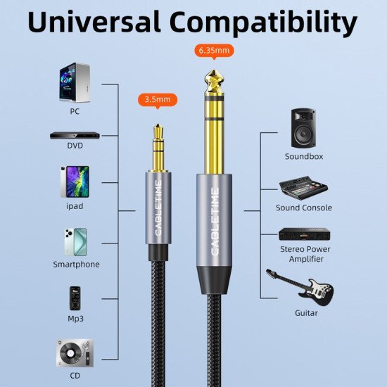 Cabletime Καλώδιο Ήχου 3.5Mm Σε 6.35Mm Ct-Av321-H11G, 2M, Μαύρο Cabletime Καλώδιο Ήχου 3.5Mm Σε 6.35Mm Ct-Av321-H11G, 2M, Μαύρο