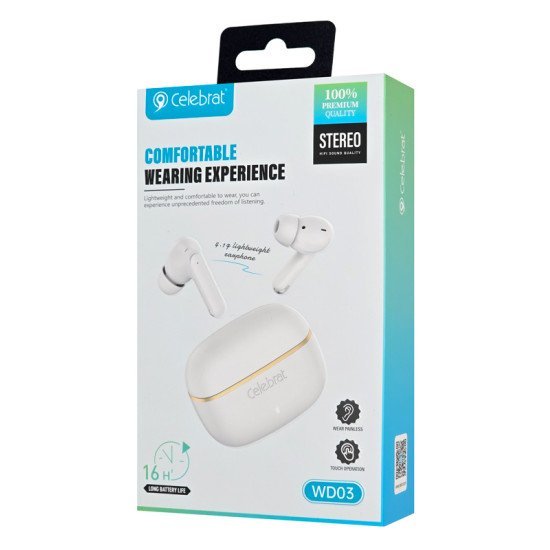 Celebrat Earphones Με Θήκη Φόρτισης Wd03, True Wireless, 13Mm, 30/300Mah, Λευκά