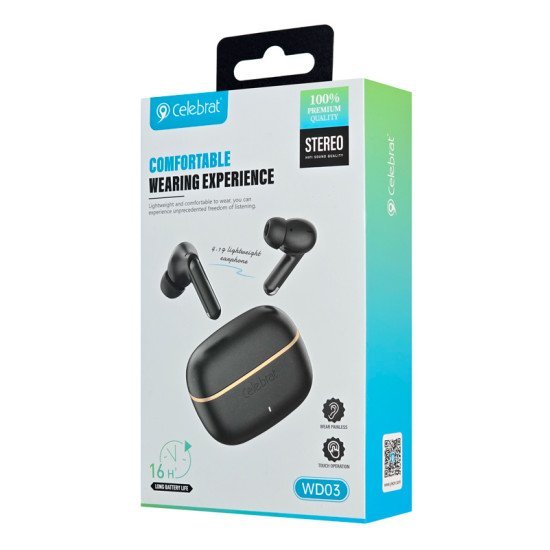 Celebrat Earphones Με Θήκη Φόρτισης Wd03, True Wireless, 13Mm, 30/300Mah, Μαύρα Celebrat Earphones Με Θήκη Φόρτισης Wd03, True Wireless, 13Mm, 30/300Mah, Μαύρα