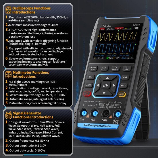 Fnirsi 3 Σε 1 Παλμογράφος/Πολύμετρο/Signal Generator Χειρός 2C53T, Επαναφορτιζόμενο Fnirsi 3 Σε 1 Παλμογράφος/Πολύμετρο/Signal Generator Χειρός 2C53T, Επαναφορτιζόμενο