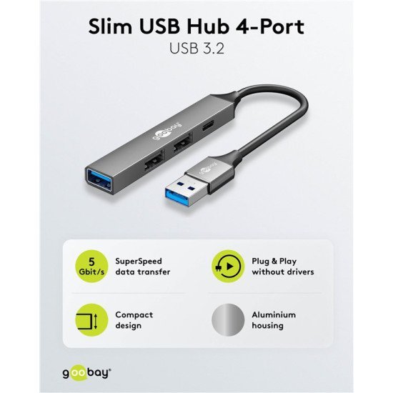 Goobay Usb Hub 74458, 4X Θυρών, Usb 3.2, 5Gbps, Usb Σύνδεση, Γκρι Goobay Usb Hub 74458, 4X Θυρών, Usb 3.2, 5Gbps, Usb Σύνδεση, Γκρι