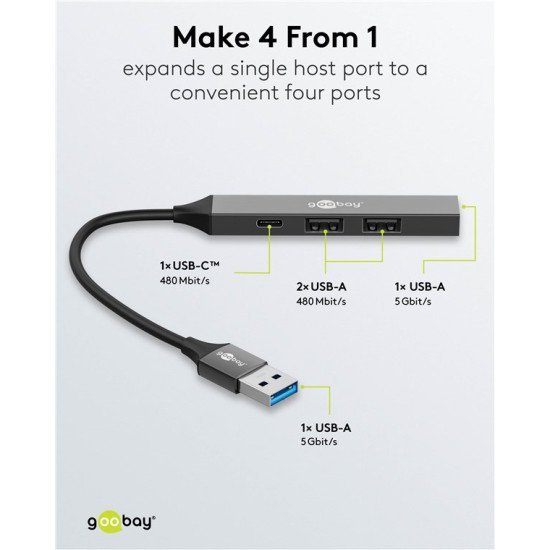 Goobay Usb Hub 74458, 4X Θυρών, Usb 3.2, 5Gbps, Usb Σύνδεση, Γκρι Goobay Usb Hub 74458, 4X Θυρών, Usb 3.2, 5Gbps, Usb Σύνδεση, Γκρι