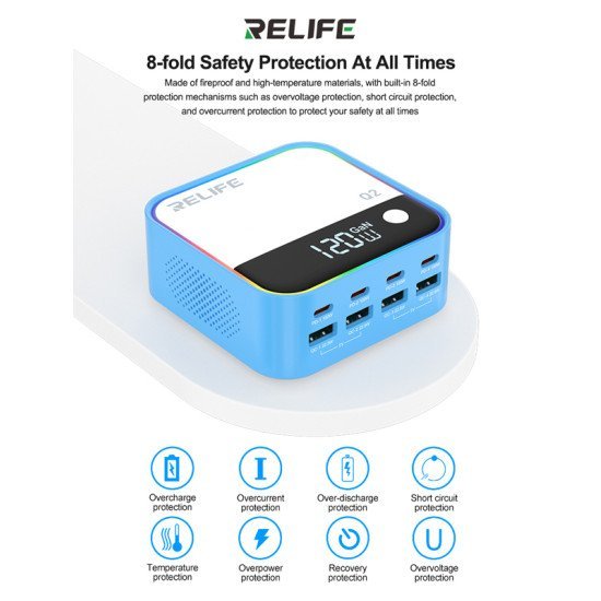 Relife Σταθμός Φόρτισης Q2, 4X Usb-C & 4X Usb, 120W, Gan, Μπλε Relife Σταθμός Φόρτισης Q2, 4X Usb-C & 4X Usb, 120W, Gan, Μπλε