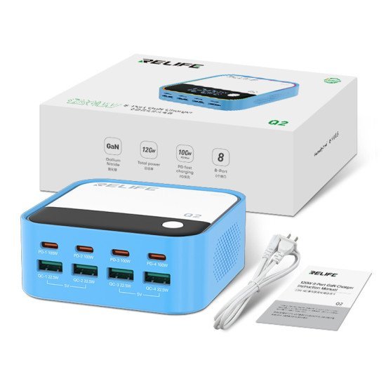 Relife Σταθμός Φόρτισης Q2, 4X Usb-C & 4X Usb, 120W, Gan, Μπλε Relife Σταθμός Φόρτισης Q2, 4X Usb-C & 4X Usb, 120W, Gan, Μπλε
