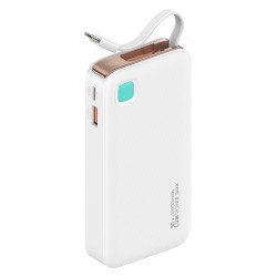 Usams Power Bank Cd224 Με Καλώδιο Usb-C, 2X Θύρες Εξόδου, 10000Mah, 20W, Λευκό
