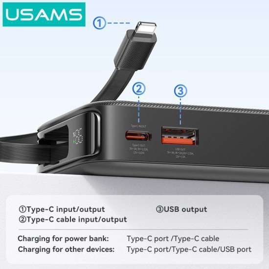 Usams Power Bank Cd225 Με Καλώδιο Lightning, 2X Θύρες Εξόδου, 10000Mah, 20W, Λευκό Usams Power Bank Cd225 Με Καλώδιο Lightning, 2X Θύρες Εξόδου, 10000Mah, 20W, Λευκό
