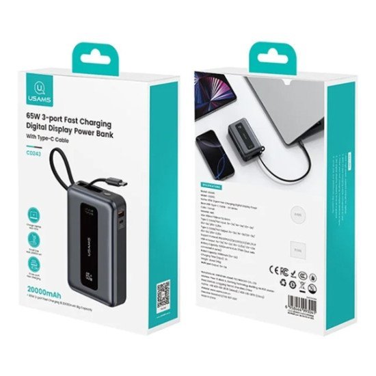 Usams Power Bank Cd243 Με Καλώδιο Usb-C, 2X Θύρες Εξόδου, 20000Mah, 65W, Γκρι Usams Power Bank Cd243 Με Καλώδιο Usb-C, 2X Θύρες Εξόδου, 20000Mah, 65W, Γκρι