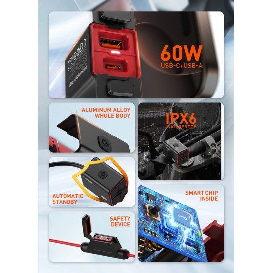 Ldnio Φορτιστής Μοτοσυκλέτας C108 Με Καλώδιο, Usb/Usb-C, 60W, Μαύρος Ldnio Φορτιστής Μοτοσυκλέτας C108 Με Καλώδιο, Usb/Usb-C, 60W, Μαύρος