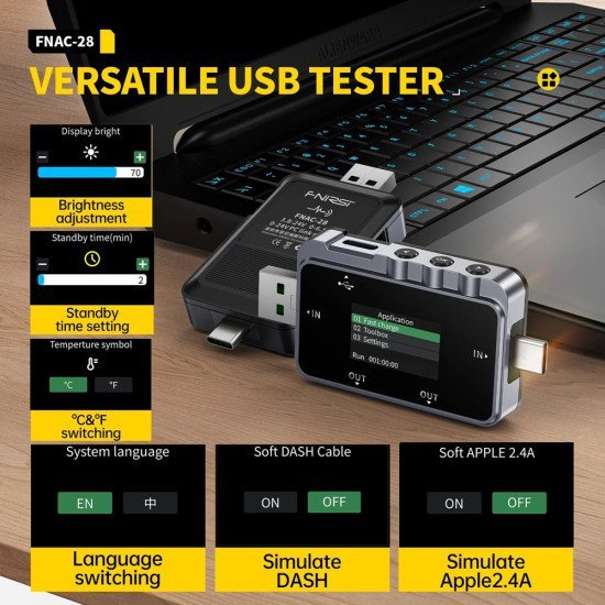 Fnirsi Usb Tester Φόρτισης Fnac-28, Usb & Usb-C