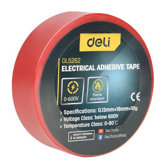 Deli Μονωτική Ταινία Υψηλής Αντοχής Dl5262, 18Mm X 9.15M, Κόκκινη