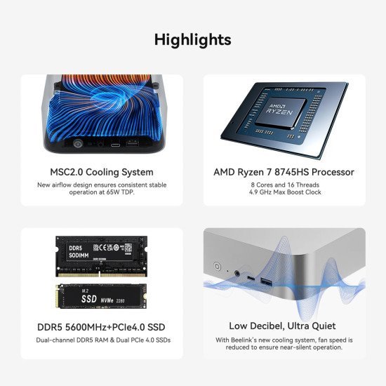 Beelink Mini Pc Ser8, Amd Ryzen 7 8745Hs, 32Gb, 1Tb M.2, Windows 11 Pro