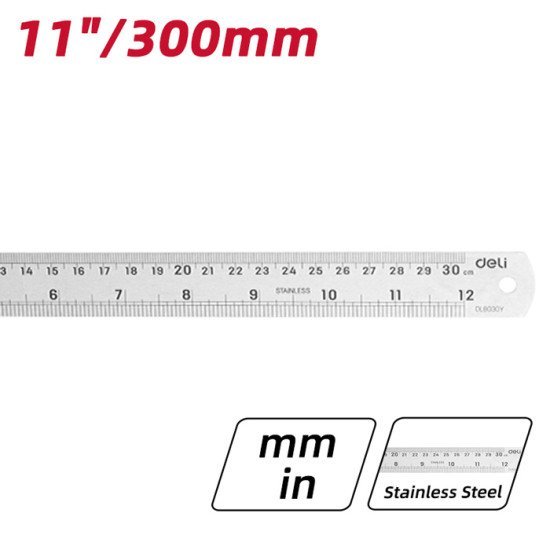 Deli Μεταλλικός Χάρακας Dl8030Y, Ανοξείδωτο Ατσάλι, 12"/30Cm, Ασημί