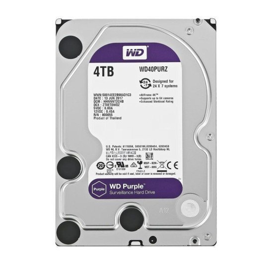 Wd Σκληρός Δίσκος 3.5" Purple Surveillance 4Tb, 64Mb, 5400Rpm, Sata Iii