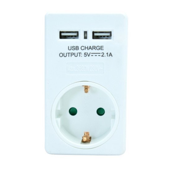 Powertech Αντάπτορας Ρεύματος Schuko Pt-767, 2X Usb, Λευκός