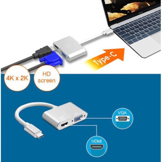 Powertech Αντάπτορας Usb Type-C Σε Vga + Hdmi 4K Pth-041, Ασημί