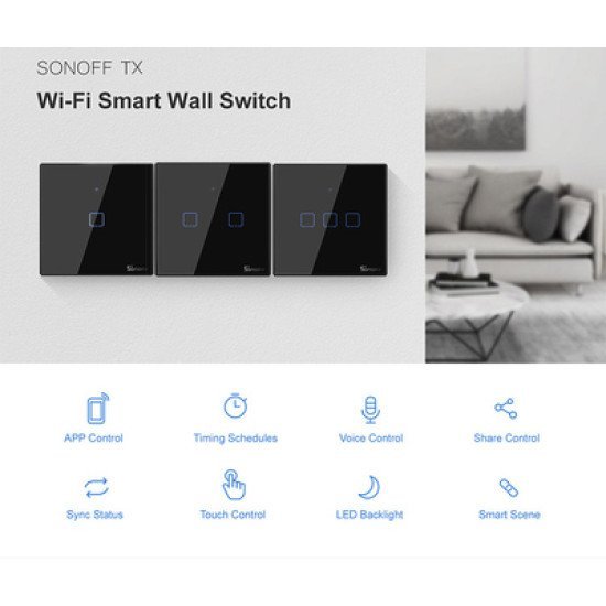 Sonoff Smart Διακόπτης Τχ-T3Eu2C, Αφής, Wi-Fi, Διπλός, Μαύρος