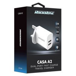 Rockrose Φορτιστής Τοίχου Για Πρίζα Uk Casa A2, 2X Usb, 2.4A 12W, Λευκός