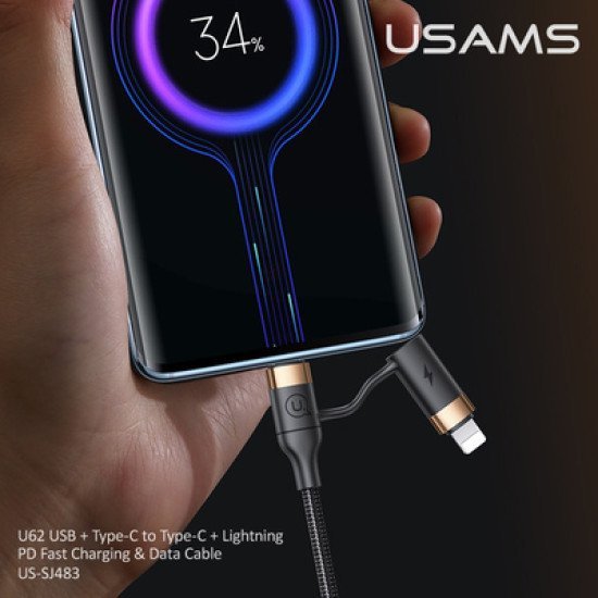 USAMS καλώδιο USB Type-C + Lightning US-SJ483, PD 3A 60W, 1.2m, μαύρο