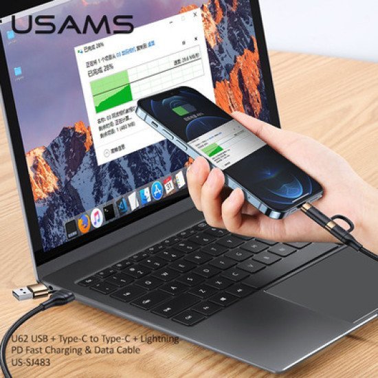 USAMS καλώδιο USB Type-C + Lightning US-SJ483, PD 3A 60W, 1.2m, μαύρο